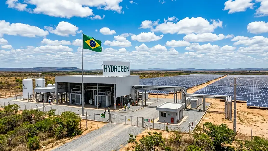Hydrogen refueling station with a large HYDROGEN sign, Brazilian flag, and an expansive solar panel field nearby under a blue sky.