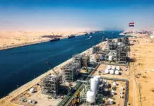 Launch of the Clean Hydrogen National Program in Egypt Aerial view of an oil and gas processing facility along a desert canal, with towers, tanks, cranes, and an Egyptian flag.