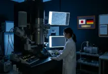 Germany, Japan Eye Fuel Cell Nanomaterials and Hydrogen Ties Scientist in a lab coat operates a large electron microscope in a dark research room with multiple monitors nearby.