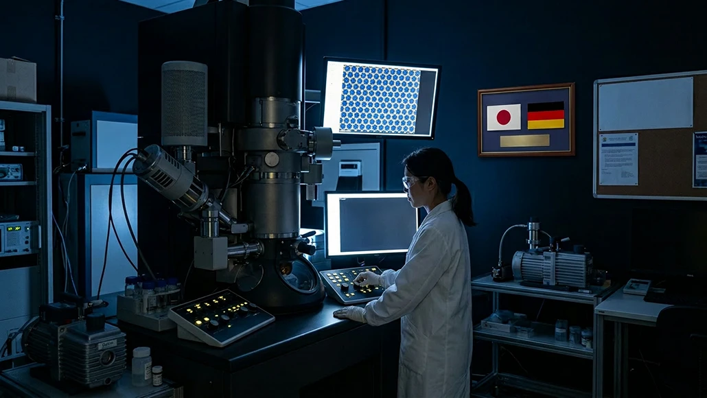 Scientist in a lab coat operates a large electron microscope in a dark research room with multiple monitors nearby.