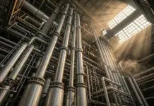 Green Hydrogen for Military Fuels, Pitches German Supplier Tall stainless steel pipes rise in a factory, with sunlight streaming through skylights and steam wisps in the air.