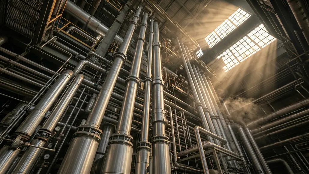 Tall stainless steel pipes rise in a factory, with sunlight streaming through skylights and steam wisps in the air.