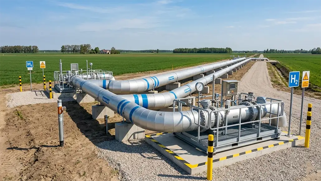 Hydrogen gas pipeline station in a rural field with large silver pipes and safety signs.