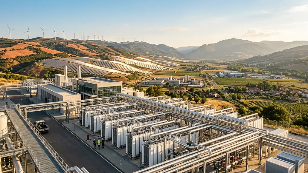 Renewable energy facility with extensive pipelines, storage tanks, and a modern building set in rolling hills with wind turbines in the distance.