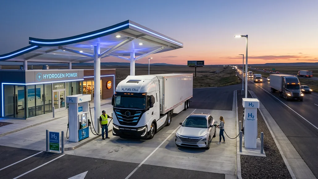 Hydrogen fueling station at dusk with a large truck and a car refueling under a lit canopy.