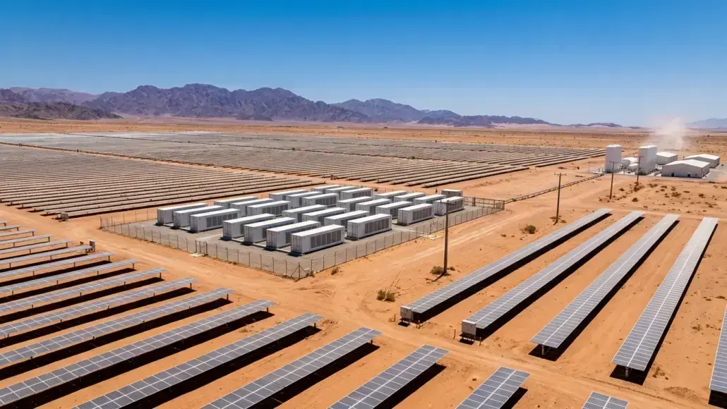 Extensive desert solar farm with rows of panels, storage units, and distant mountains under a clear blue sky.