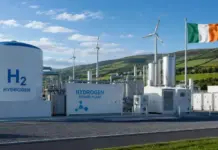 Ireland On Its Way to Become Big Player in Hydrogen Economy Hydrogen power plant with large H2 tank, wind turbines, and an Irish flag in a green countryside setting.