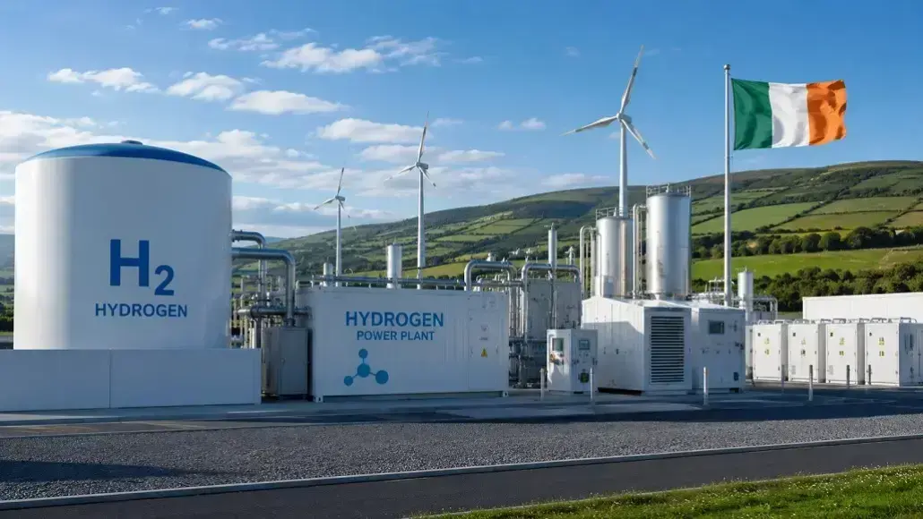 Hydrogen power plant with large H2 tank, wind turbines, and an Irish flag in a green countryside setting.