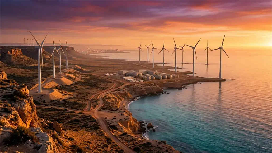 Coastal wind farm at sunset with tall turbines along the rocky shore and nearby buildings by the water.