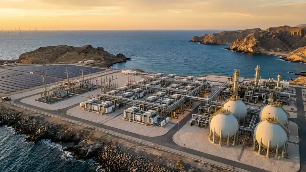Industrial complex with large spherical storage tanks and piping on a rocky coastline at sunset by the sea.