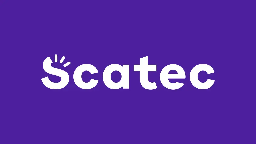 White Scatec logo on a solid purple background, centered