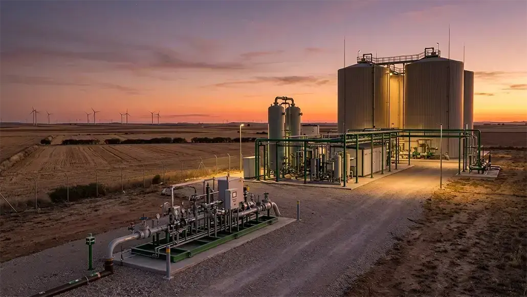 Industrial gas plant at sunset with tall silos, complex piping, and wind turbines on the horizon.