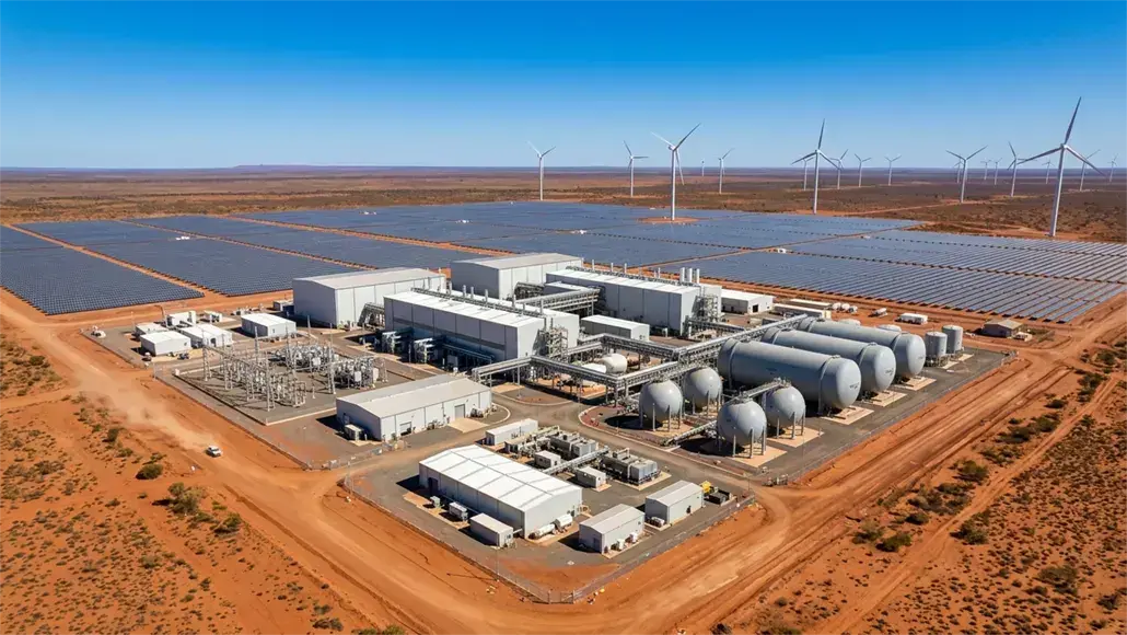 Desert solar farm with rows of solar panels and wind turbines in the background; industrial facility with tanks and buildings in the foreground.