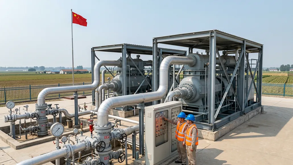 Two technicians in hard hats and safety vests operate a control panel beside a network of large insulated pipes at an industrial facility, with a Chinese flag in the background.