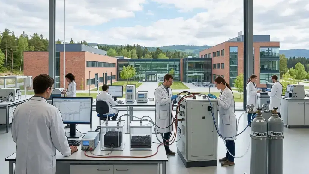 Scientists in white lab coats work at benches in a bright, modern lab with various instruments and monitors; hydrogen tanks are visible on the right.