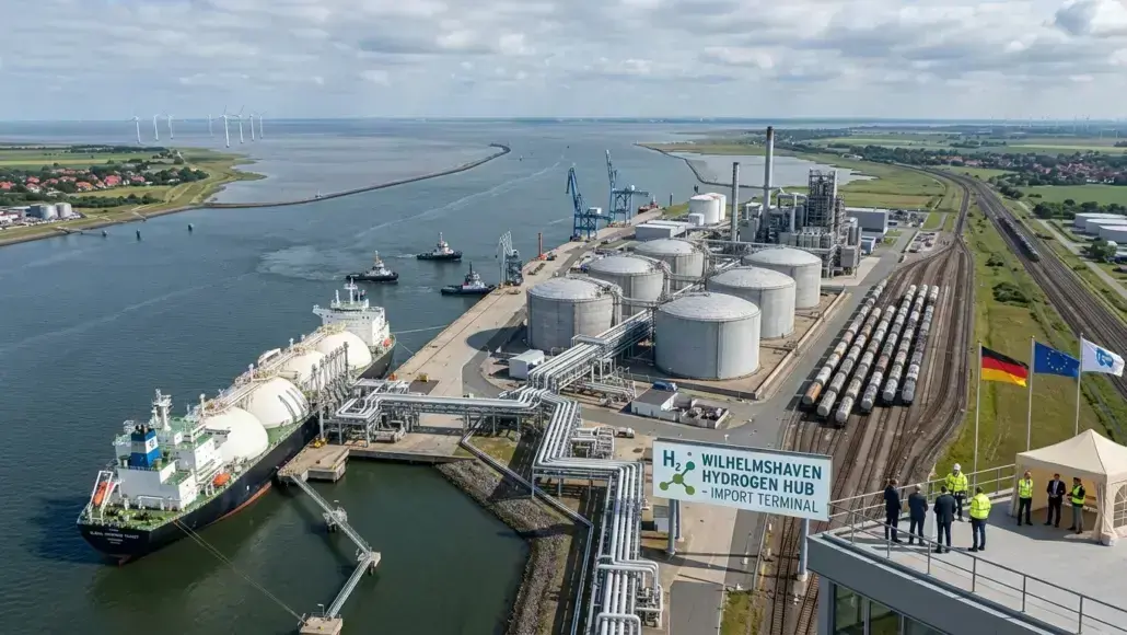 Industrial port scene with large cylindrical storage tanks, pipelines, cranes, and a docked ship at Wilhelmshaven Hydrogen Hub Import Terminal.
