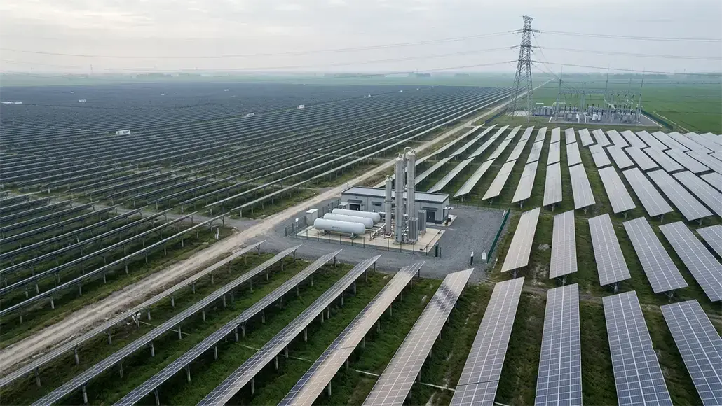 A large solar farm with rows of solar panels, a central equipment yard, and high-voltage transmission towers in a rural area.