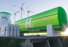 APN Grants $540m Nod for Peru Hydrogen Port Project Large green hydrogen storage tank and tanker labeled H2, with wind turbines in the background at sunset/bright sky.