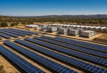First 150MW Green Hydrogen Project in Spain Planned by H2Pro Solar farm with long rows of blue photovoltaic panels on sandy desert terrain and industrial units in the background.