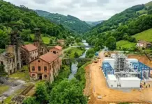 Mine-To-H2 Project in Spain at Asturias Gets Final Approval Valley landscape with reclaimed mine buildings on the left and a new industrial facility under construction on the right, set among green hills and a river in the center.