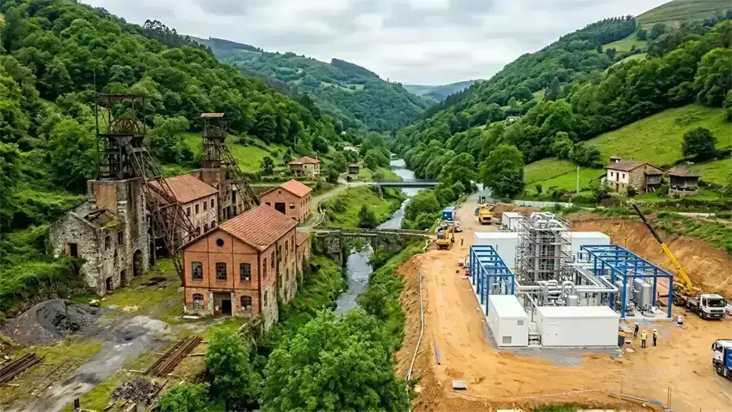 Valley landscape with reclaimed mine buildings on the left and a new industrial facility under construction on the right, set among green hills and a river in the center.