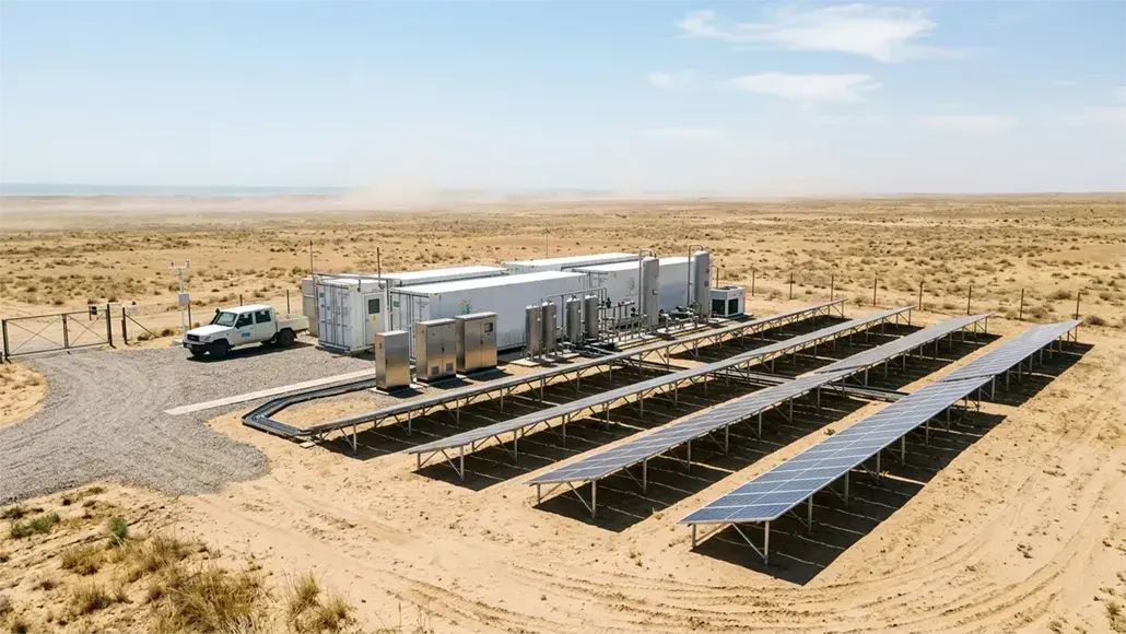 Desert solar farm with rows of solar panels, a modular building, and a white truck nearby.