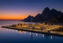 SASO-H2:2026 Nod A Must for ALK Electrolyser Providers Desalination/energy facility on a narrow coastline at sunset, with warm-lit buildings and mountain backdrop.