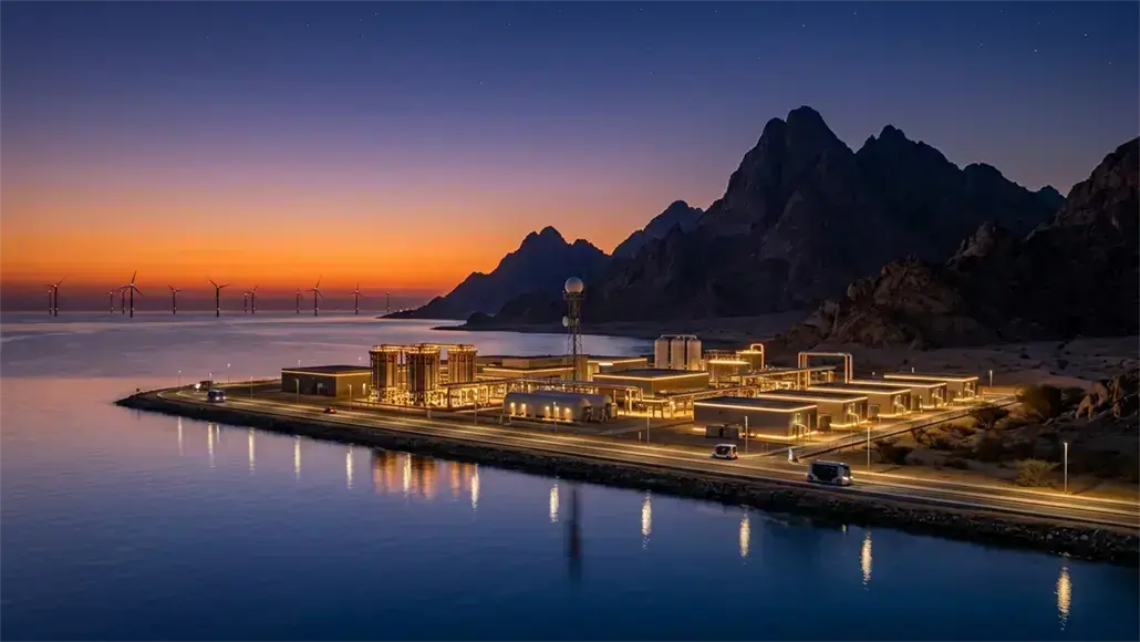 Desalination/energy facility on a narrow coastline at sunset, with warm-lit buildings and mountain backdrop.