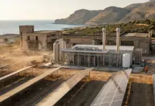 Sicily Green Hydrogen Project – A Push for Decarbonization Solar farm with rows of solar panels beside an industrial facility near a coastal landscape at sunset/light dust in the air