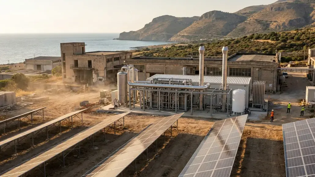 Solar farm with rows of solar panels beside an industrial facility near a coastal landscape at sunset/light dust in the air