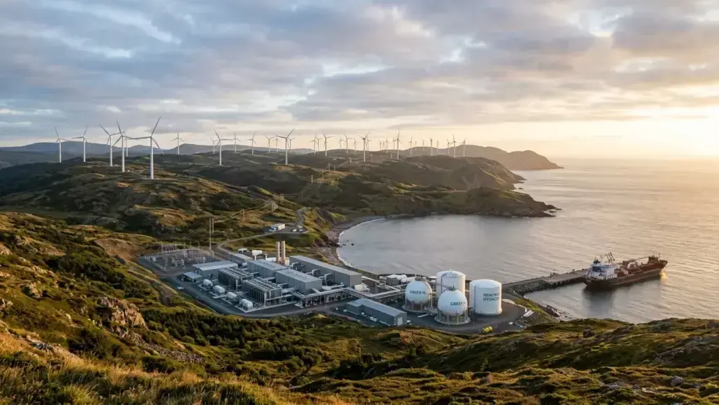 Coastal industrial site with wind turbines on rolling hills overlooking the sea and a docked cargo ship nearby.