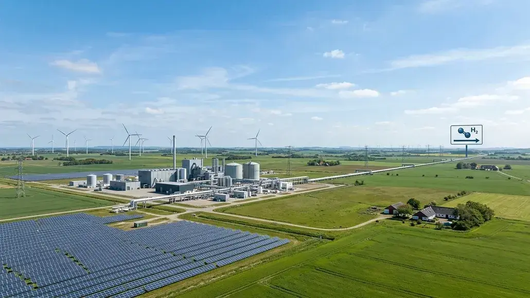 Renewable energy site with solar panels in the foreground, a processing plant, wind turbines on the horizon, and a hydrogen (H2) sign to the right.