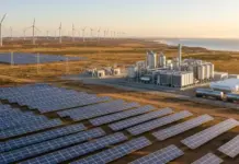 Grid-Matching Rules in Australia Top Attain Clean Hydrogen Rows of solar panels with a wind farm and a hydrogen production facility in a desert landscape.