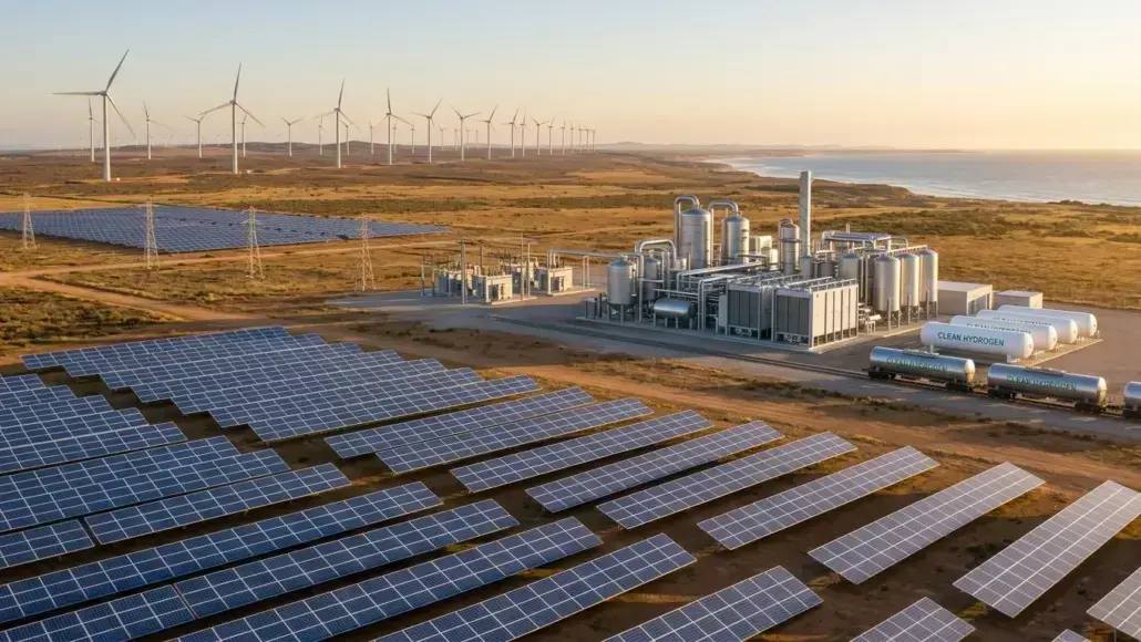 Rows of solar panels with a wind farm and a hydrogen production facility in a desert landscape.