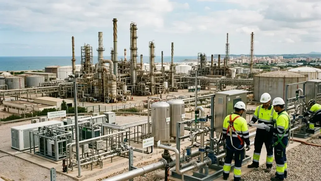 Industrial refinery complex with tall processing towers and extensive piping; workers in hard hats and high-visibility gear reviewing plans at the site.