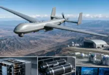120kW Hydrogen Fuel Cell Power System by Intelligent Energy Autonomous drone flying over a desert airbase with hangars and ground equipment below the aircraft.