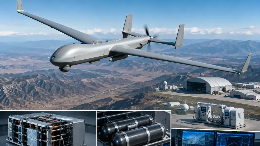 Autonomous drone flying over a desert airbase with hangars and ground equipment below the aircraft.