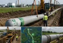 Contract Awarded for H2 Coastlink 1 Hydrogen Pipeline Construction workers and yellow excavators lay a large hydrogen pipeline near an industrial plant labeled H2 in the background.