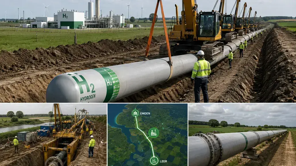 Construction workers and yellow excavators lay a large hydrogen pipeline near an industrial plant labeled H2 in the background.