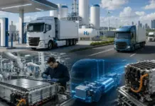 Automotive Giants Accelerate Hydrogen Fuel Cell Technology Hydrogen fueling station with diesel trucks nearby, an industrial plant and wind turbines in the background, and a blue holographic truck drivetrain in the foreground.