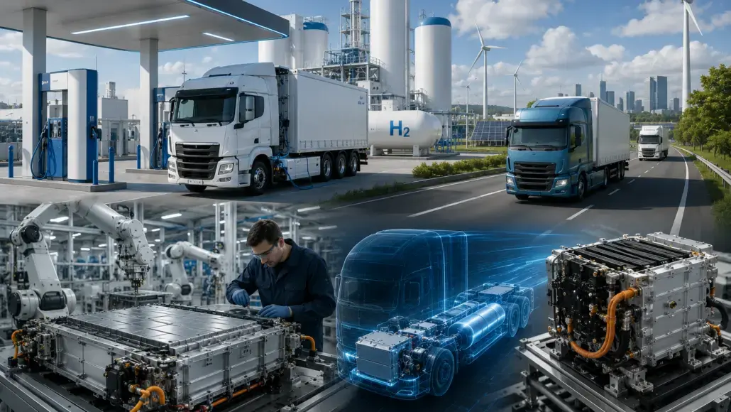 Hydrogen fueling station with diesel trucks nearby, an industrial plant and wind turbines in the background, and a blue holographic truck drivetrain in the foreground.