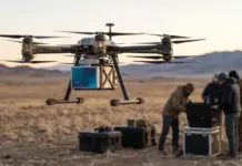 IE-SOAR™ Hydrogen Fuel Cell Systems for UAV Manufacturers Quadcopter drone with a mounted tablet payload hovering over a dry field while a team sets up equipment in the background.