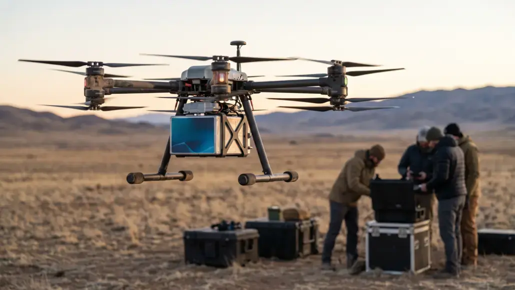 Quadcopter drone with a mounted tablet payload hovering over a dry field while a team sets up equipment in the background.