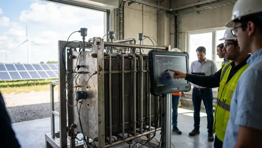 Group of engineers in safety gear inspecting a large industrial machine with a rugged touchscreen monitor showing data.
