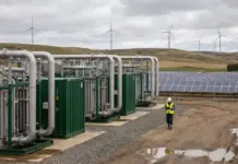 Dynamic Electrolyzer Operation Supporting Renewable Energy Worker in a hi-vis vest walks along a dirt path beside large industrial generators and piping at a renewable energy site, with wind turbines in the background.
