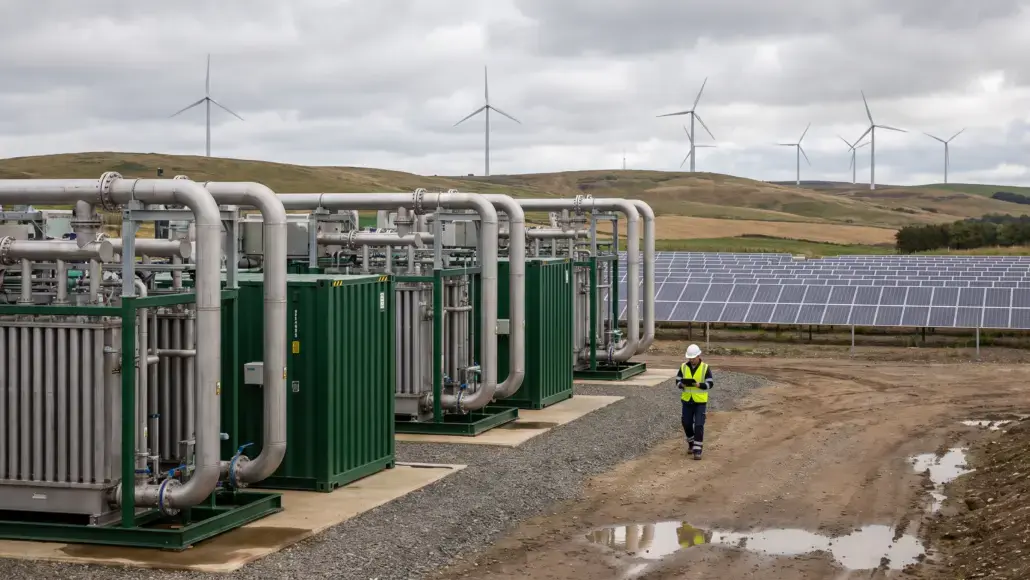 Worker in a hi-vis vest walks along a dirt path beside large industrial generators and piping at a renewable energy site, with wind turbines in the background.