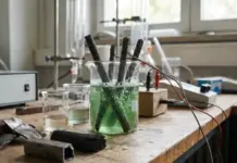 Low-Cost Breakthrough for Green Hydrogen Production Boost Charcoal rods soaking in a green liquid inside a glass beaker on a cluttered lab bench with equipment in the background