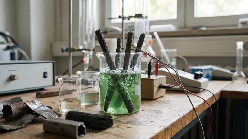 Charcoal rods soaking in a green liquid inside a glass beaker on a cluttered lab bench with equipment in the background
