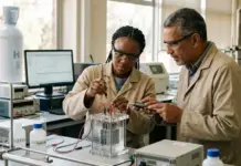 JENano Group Driving Green Hydrogen Push of South Africa Two researchers in beige lab coats wiring a clear experimental chamber on a lab bench.