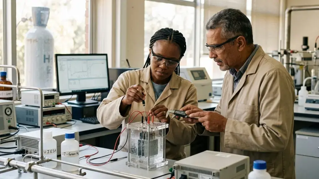 Two researchers in beige lab coats wiring a clear experimental chamber on a lab bench.